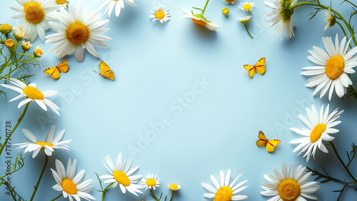 Collection of white daisies and yellow butterflies, gracefully arranged in frame, empty center copy space for text on light blue background, concept of calm and tranquility, spring and youth, renewal