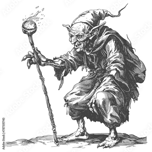 goblin mage or necromancer with magical staff images using Old engraving style