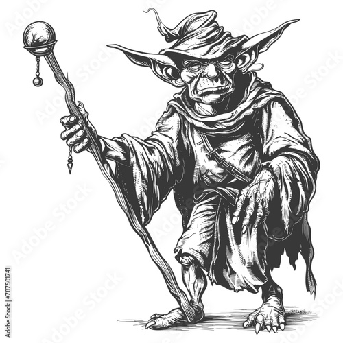goblin mage or necromancer with magical staff images using Old engraving style