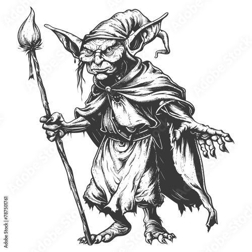 goblin mage or necromancer with magical staff images using Old engraving style