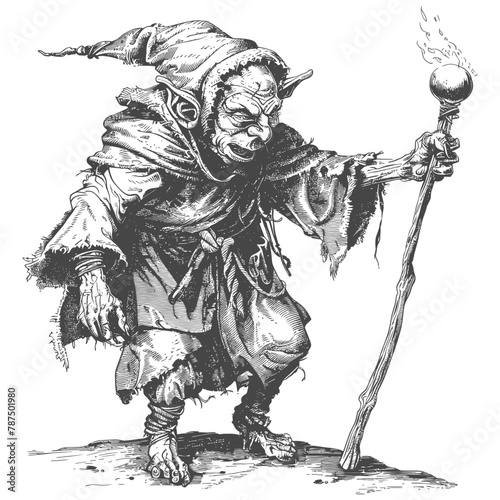 goblin mage or necromancer with magical staff images using Old engraving style
