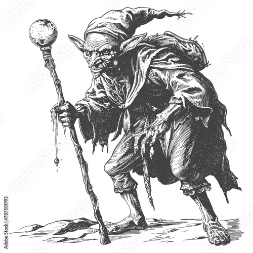 goblin mage or necromancer with magical staff images using Old engraving style