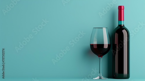 A bottle of red wine and a glass of red wine on a blue background. The bottle is dark green and the glass is clear. The wine is a deep red color.