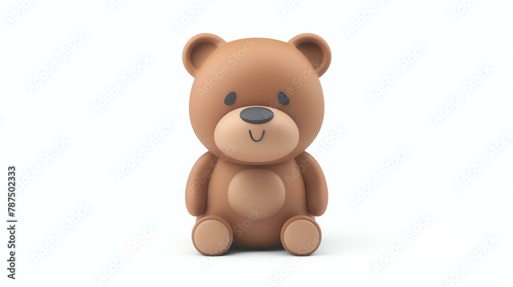 3D rendering of a cute and cuddly teddy bear. The bear is sitting on a white background and has a friendly smile on its face.