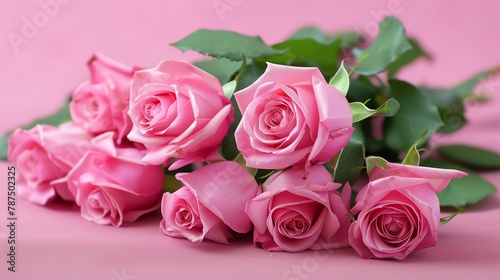 A beautiful bouquet of pink roses. The soft  velvety petals are arranged in a perfect spiral  and the deep green leaves provide a striking contrast.