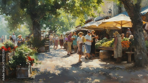A bustling outdoor market with people buying and selling fresh produce. The market is located in a sunny, tree-lined square.