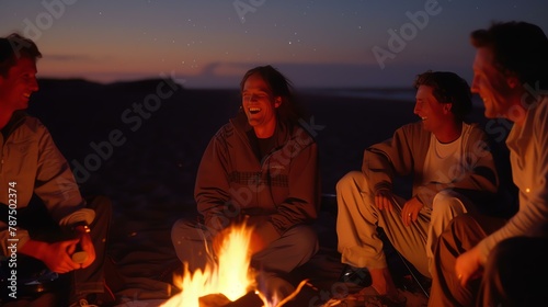 Friends enjoying a hilarious moment at a beach bonfire, their laughter illuminating the night as the fire casts a cozy glow.
