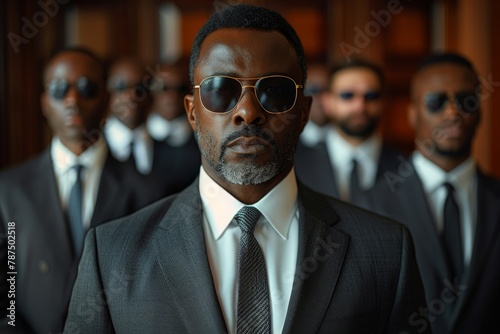A sharply dressed African man leads a group of suited bodyguards with determination and style photo