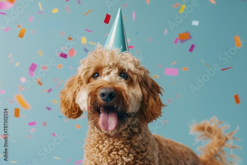Brown Dog Wearing Party Hat With Balloons and Confetti