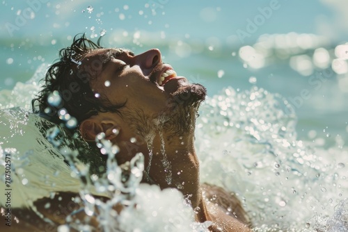 Happy Swimmer Rising from Water Splashes  Radiant Daylight