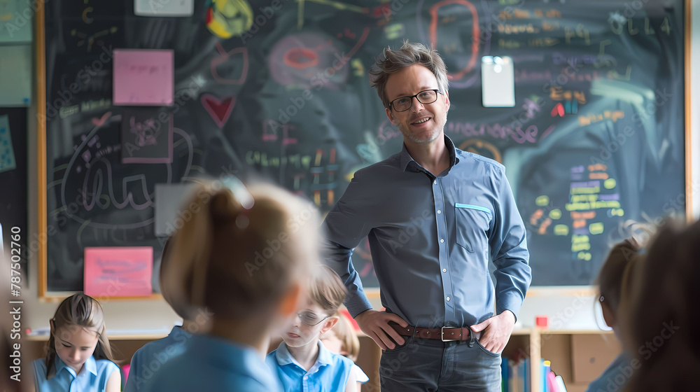 Vibrant Painting of a Teacher Teaching Students at a Modern School on a Chalkboard Vibrant Painting of a Teacher Teaching Students at a Modern School on a Chalkboard