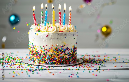 Birthday Cake With White Frosting and Colorful Sprinkles