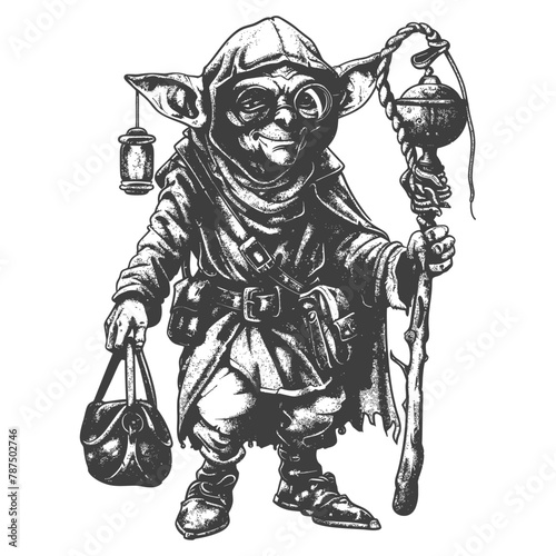 goblin mage or necromancer with magical staff images using Old engraving style