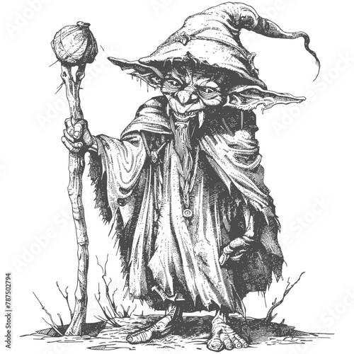 goblin mage or necromancer with magical staff images using Old engraving style