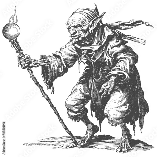 goblin mage or necromancer with magical staff images using Old engraving style