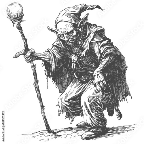 goblin mage or necromancer with magical staff images using Old engraving style