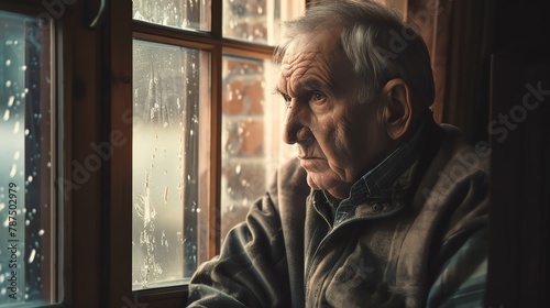 An old man sits by the window and stares outside, lost in thought photo