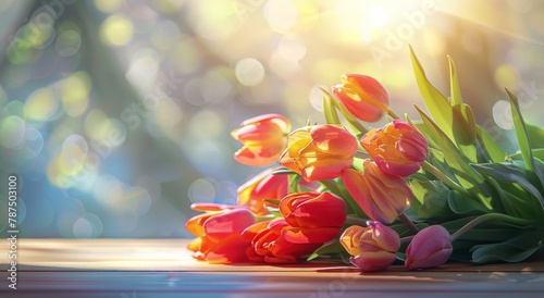 Tulip Bouquet on Wooden Table