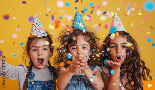 Three Little Girls With Party Hats and Confetti