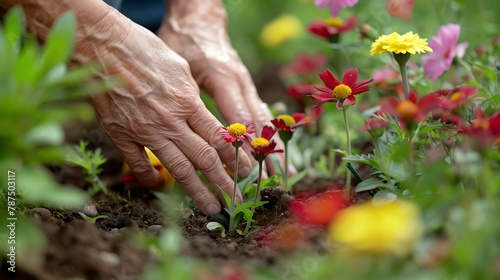A close-up image of an elderly person's hands planting a red flower in the garden. The background is blurry, with a few other flowers in focus.