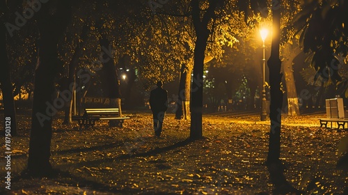 A lonely man walking through a park at night photo