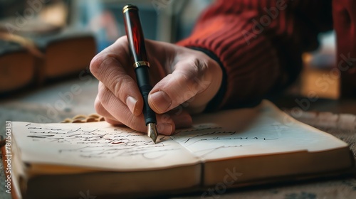 A person is writing in a journal with a fountain pen. The journal is open and the person's hand is holding the pen.