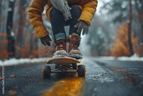 This engaging image captures a person skateboarding along a vibrant yellow road line in a wintry setting