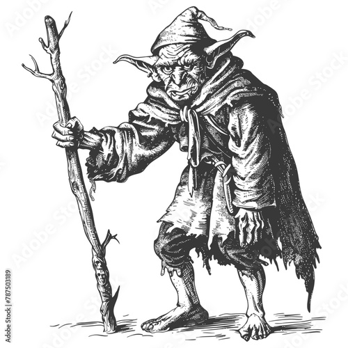 goblin mage or necromancer with staff images using Old engraving style