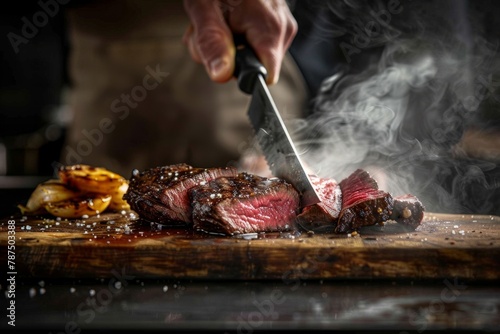 Fresh Rib Eye Steak Being Precisely Cut by Chef
