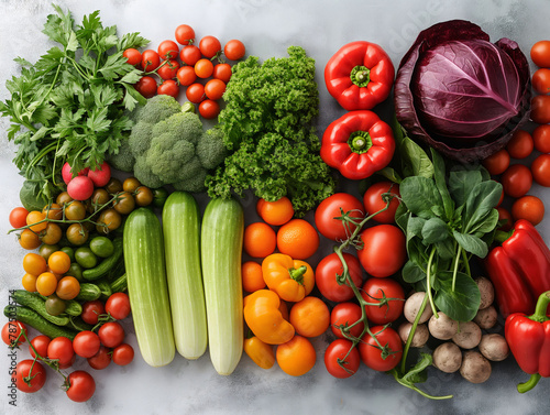 Top view of fruits and vegetables arranged neatly on a table