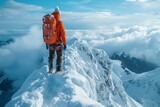 A solitary climber in vivid orange gear stands triumphant atop a snow-covered peak, symbolizing achievement and adventure