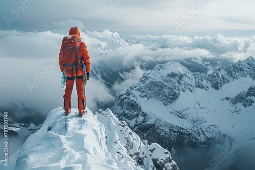 A mountaineer clad in red faces a sea of clouds, a moment frozen in time that evokes the spirit of exploration