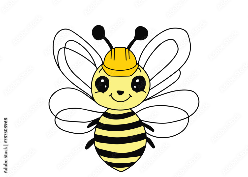 Illustration of cute worker bee, yellow, helmet