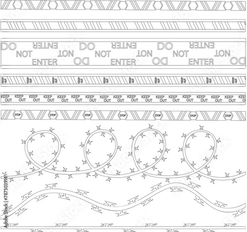 
set of sketches of warning signs and barbed wire