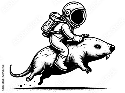 The astronaut rides on a mole. Hand drawing vintage style black. Vector, generative ai. photo