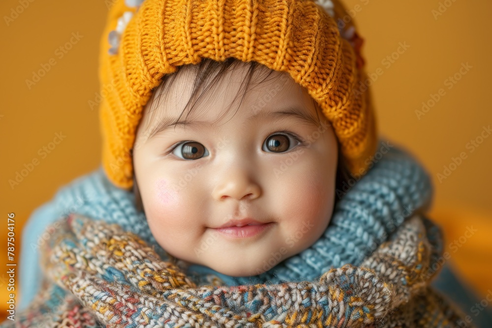 Close-up of a smiling toddler with big eyes wearing a warm hat and scarf, shot against a yellow backdrop Close-up of a smiling toddler with big eyes wearing a warm hat and scarf, shot against a yellow backdrop