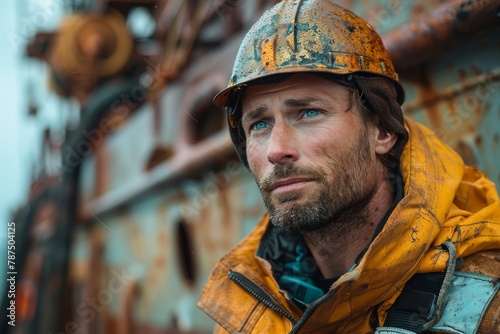 Close-up of a weathered worker with piercing blue eyes, wearing a helmet © Larisa AI
