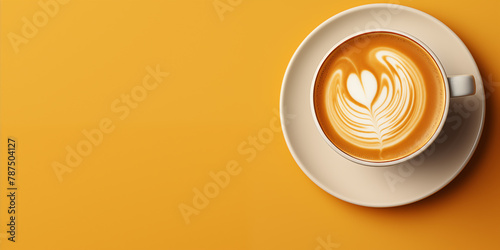 Coffee background, a cup of coffee with latte art, top view