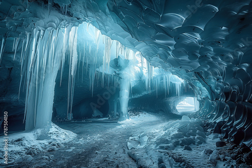 view from inside a glacier cave with a vertical well in the ceiling