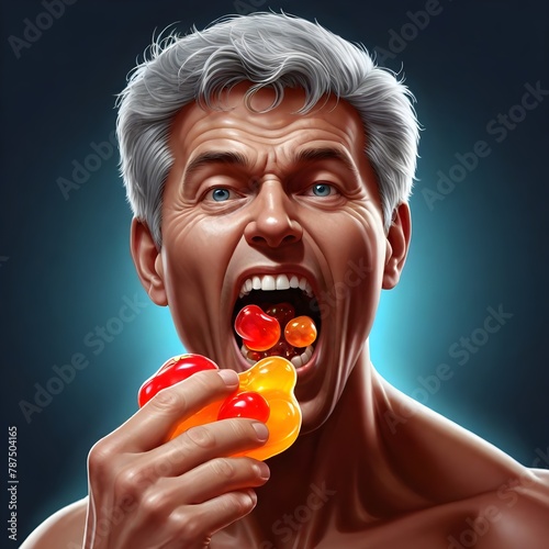  Man Eating Gummy Candies with Exaggerated Enthusiasm photo