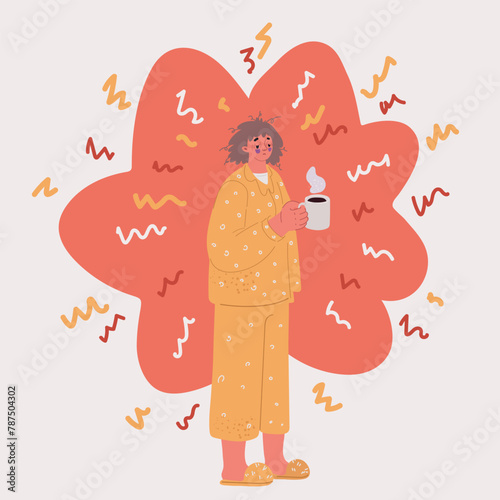 Cartoon vector illustration of young woman enjoying a cup of coffee at home. Woman with mug of beverage. Exhausted girl holding cup of tea or coffee in the morning. Non sleeping person. Young woman
