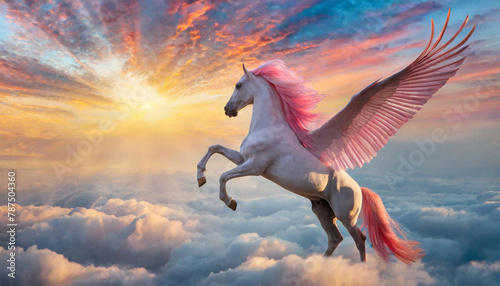 Winged pink Pegasus, mythical creature from Greek mythology, sky at sunset in the clouds. photo