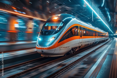 A dynamic image capturing the essence of modern rail transport with a high-speed train in motion, showcasing speed and technology
