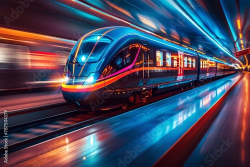 This vibrant image shows a sleek, futuristic train speeding through a station illuminated by neon lights, emphasizing movement and progress
