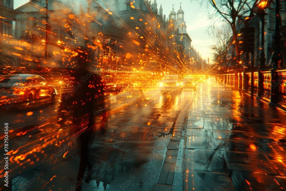 A bustling city street with streaming lights and motion blur that captures the fast pace of urban life