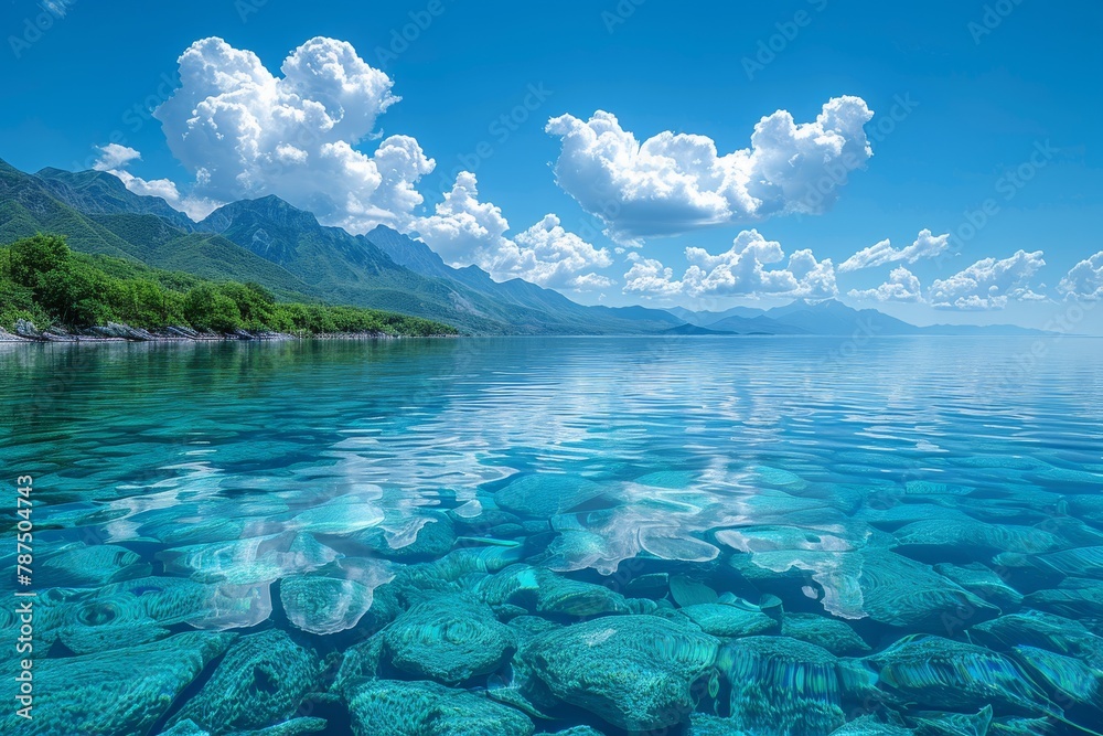 An idyllic shot of crystal clear sea water with a serene mountain range and fluffy clouds in the backdrop
