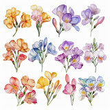 Beautiful watercolor clipart set showcasing Freesias bouquets and elements, ideal for adding a touch of charm to scrapbook layouts, posters, and gift wraps.