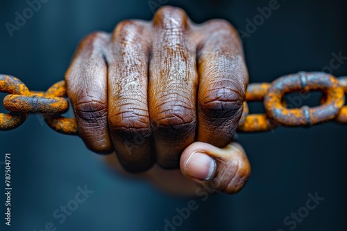 Intense close-up of a dark skinned hand firmly holding onto a chain with signs of rust and wear