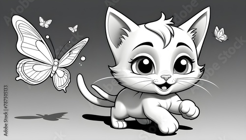 Playful Kitten with Butterflies in Monochrome Cartoon Style