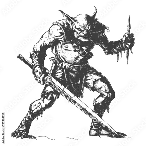 goblin warrior with sword images using Old engraving style